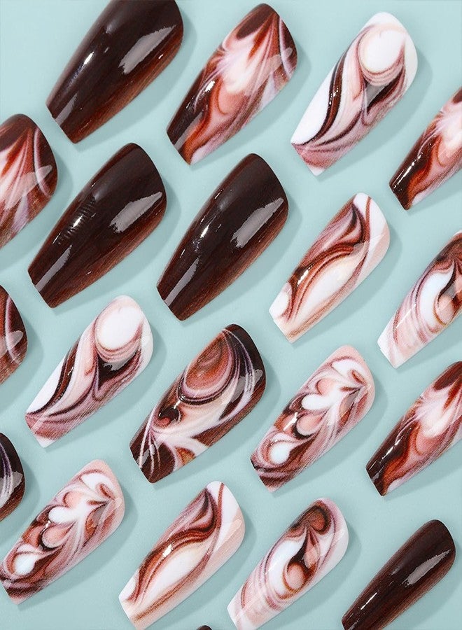 HJKDSFD Brown Marble Press On Nails Medium Length Fake Nails Coffin Shaped Glue On Nails With Coffee Designs Glossy Acrylic Artificial Nail Reusable False Nails For Women Girls 24pcs - Image 2